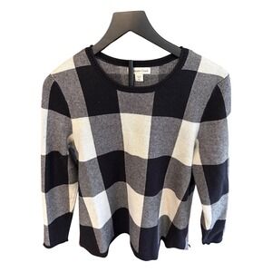 Coldwater Creek Womens Petite XL PXL Buffalo Plaid Sweater Navy White Crew Neck